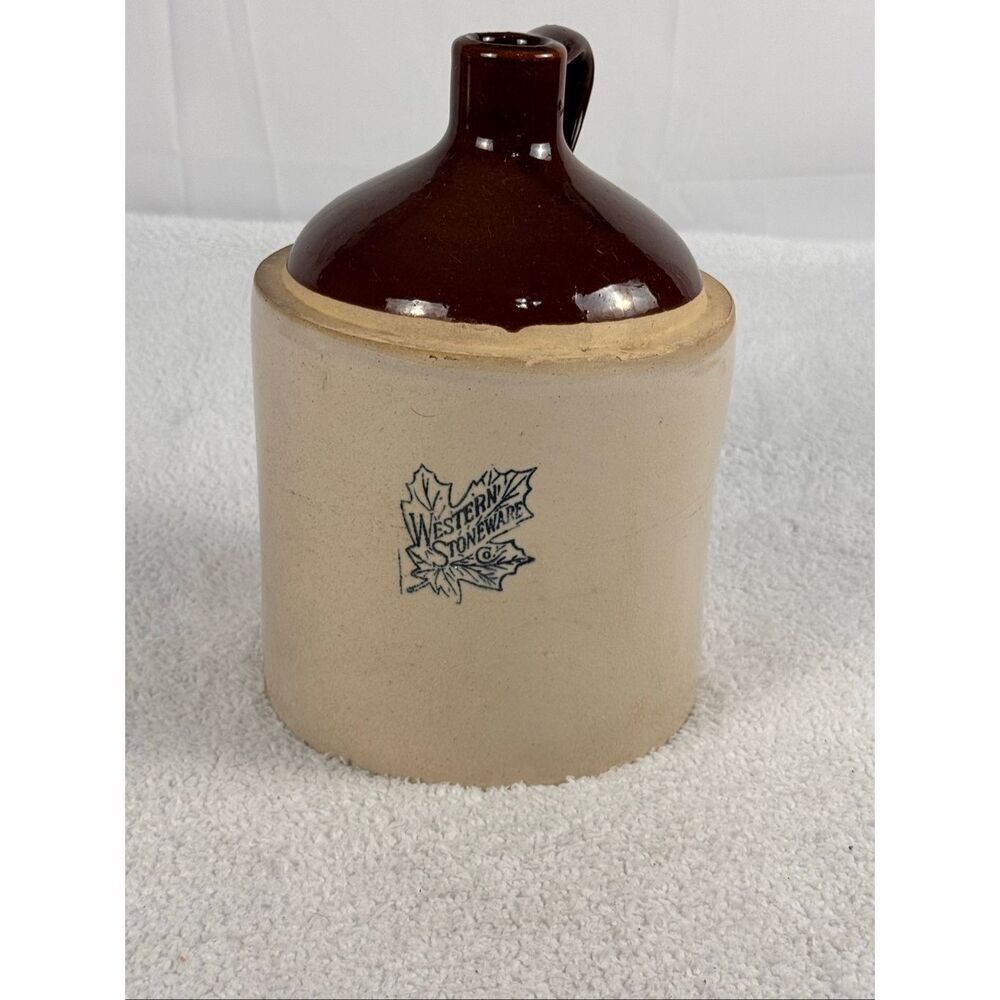 Vintage Western Stoneware Maple Leaf Crock Jug/Two Tone - Brown Glazed Top